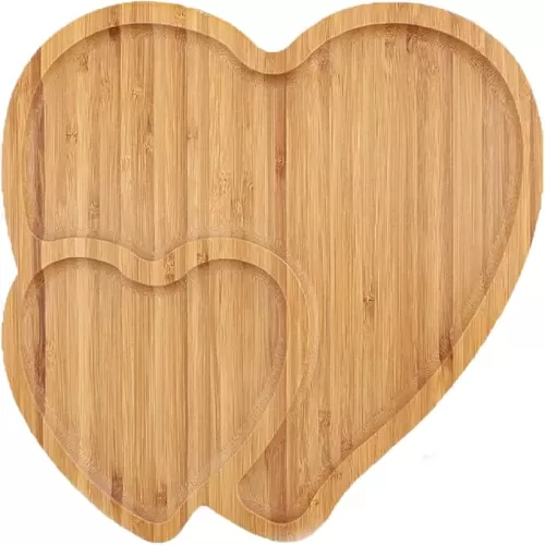 1 Pcs Heart Shaped Reusable Wooden Serving Plates 9-inch Double Heart Design Wood Tray Plate Trays for Snack Candy Food Fruit Valentine's Day Decor