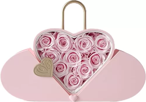 10 Pcs Presesrved Roses in a Heart-Shaped Lock Box, A Must-Have Gift for Valentine Day, Suitable for Various Holiday Hifts, A Digital Flower Box That can add Blessing Videos (Sakura Pink)
