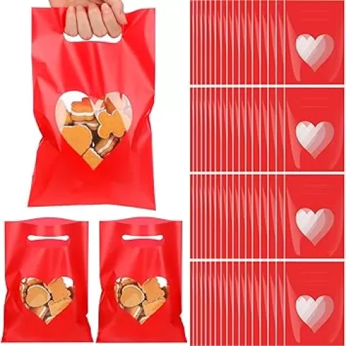 100 Pcs Mother's Day Gift Bag with Handle 9.84''x6.5'' Plastic Candy Goodie Bag with Heart Shaped Window Party Favor for Treat Holiday Valentines Wedding Mother's Day Supplies(Red)