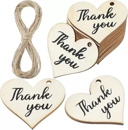 100 Pieces Thank You Tags Wood Thank You Gift Tags with String Heart Shape for Baby Shower Wedding Party Favor