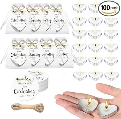 100 Sets Wedding Gifts for Guests Heart Shaped Candles Mini in Organza Bags with Thank You Cards, Party Favors for Bridal Shower, Birthday Party, Wedding Anniversary, Baby Shower Decorations
