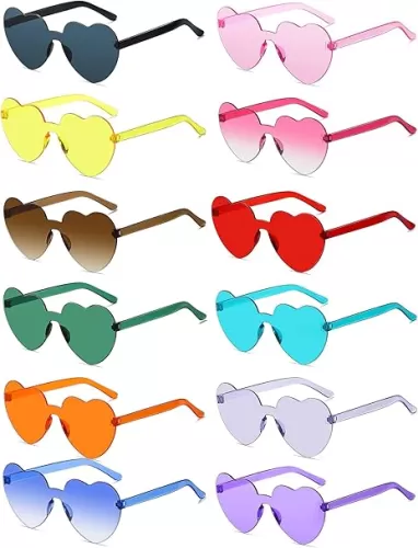 Colrea 12 Pairs Heart Sunglasses for Women Men, Trendy Heart Shaped Rimless Transparent Sunglasses, Colorful Frameeless Heart Glasses, Bachelorette Party Favors