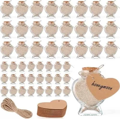 141 Pcs Heart Shaped Glass Jars with Cork Lids,Honeymoon Sand Keepsake Jar,Small Glass Jars Wish Bottles Bulk with Label Tags and String for Wedding Baby Shower Party Favor DIY Gift