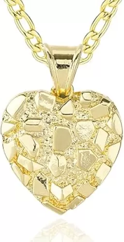 14k Gold Plated Rough Textured Cookie Nugget Heart Shape Charm Pendant Necklace For Women Men
