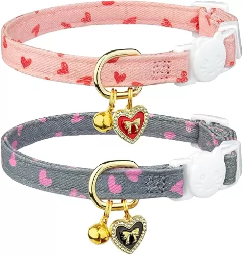 2 Pack Cotton Breakaway Cat Collar Pink and Gray Heart Shaped Pendant Cute Kitten Cat Collar with Bell