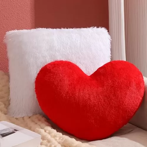 2 Pack Fluffy Heart Pillow 1 Heart Shaped Pillow 1 Faux Fur Throw Pillow Stuffed Heart Decorative Pillow Soft Throw Cushion for Valentines Sleepover Party Neutral Farmhouse Home Decor(White, Red)