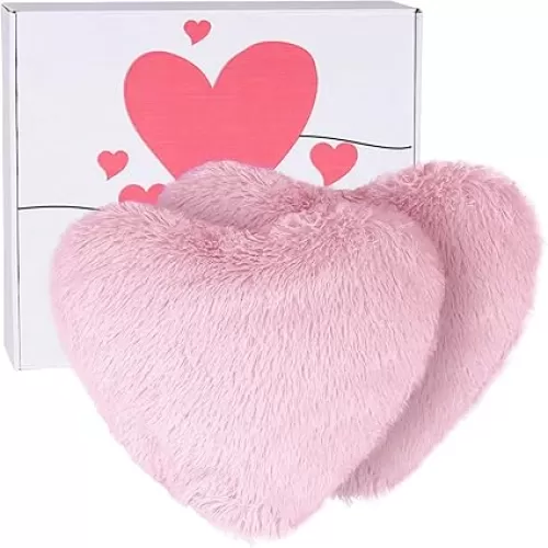 2 Pack Fluffy Heart Pillow with Insert, 15.7 inch Shaggy Faux Fur Heart Throw Pillow, Valentines Day Home Decor Love Pillow