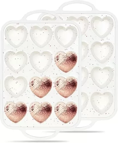 2 Pcs Heart Shaped Muffin Pan for Baking 12 Cup Silicone Heart Cake Mold Nonstick Cupcake Tray with Metal Reinforced Frame (Cream)
