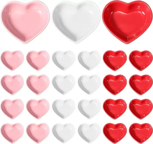 24 Pcs Heart Shaped Bowls Ceramic Dip Bowl Plates Multipurpose Salad Appetizer Plates Gifts for Candy Sauce Sushi Dipping Serving Wedding Anniversary Valentine's Day (Pink, White, Red)