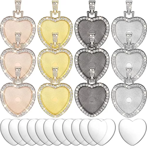 24 Piece Rhinestone Bezel Pendant Tray Set, Include 12 Pcs Heart Shaped Pendant Tray Colorful Blank Charm with 12 Pcs Clear Cabochon for DIY Jewelry Craft(Gold, Silver, Rose Gold, Black)