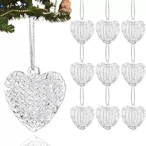 24 Pieces Heart Shape Christmas Glass Ornaments Set, Clear Crystal Heart Shape Spun Hanging Ornament Xmas Gift for Christmas Tree Valentine's Day Holiday Wedding Anniversary Decoration (White)