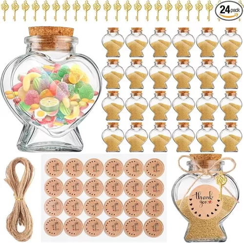 24 Set Honeymoon Sand Keepsake Jars 2. 7 oz Heart Glass Jars Wish Bottles with Lid and Key DIY Crafts for Magical Wedding Decor, Bridal Shower, Baby Shower