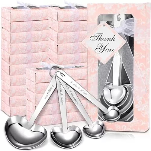 25 Set Heart Shaped Measuring Spoons Stainless Steel Measure Tea Spoons for Bridal Shower Wedding Gift Baby Shower Birthday Tea Party Souvenirs for Guests with Individual Package(Pink, Elegant)