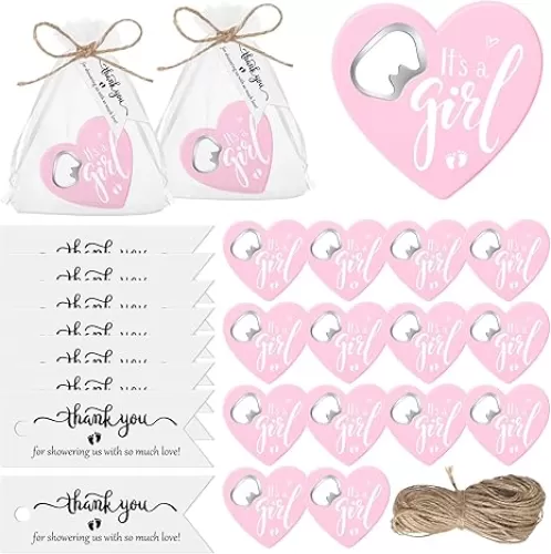 25 Sets Baby Shower Favors for Guests Include 25 Heart Shaped Bottle Opener Fridge Magnet 25 Thank You Tags with Organza Bag and Twine Gender Reveal Gift Return Gift Baby Shower (Pink)