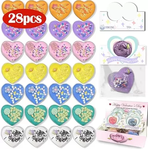 28 Pack Holiday Day Slimes, Heart Shaped Glitter DIY Slime Kits with Greeting Cards for School Classroom, Valentine Party Exchange Favors