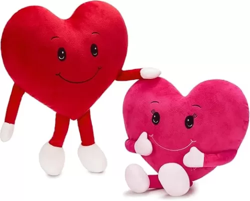 2Pcs Heart Shape Valentines Plush, 10" Love Heart Stuffed Animal with Cute Expression and Limbs, Pink and Red Love Stuffed Toys for Girlfriend Wife Mother Girls, Wedding Decorations