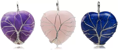 3 Pieces Heart-Shaped Tree of Life Gemstone Pendant Necklace, Natural Stone Charms for DIY Jewelry Making Bracelets, Earrings