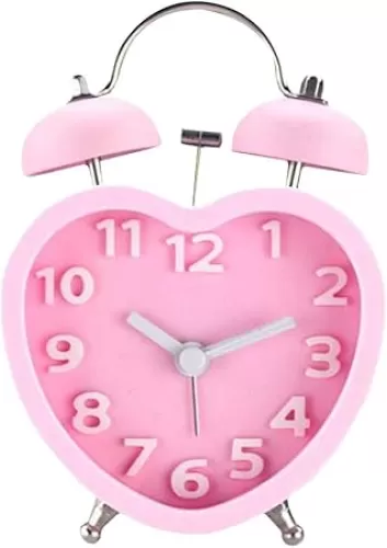 3" Twin Bell Loud Alarm Clock Heart Shaped Backlight Analog Non Ticking Desk Clock Battery Operated