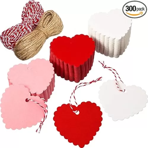 300 Pieces Gift Tags Heart Shape Kraft Paper Tags Hang Label Hanging Decoration with Strings for Holiday DIY Wrapping Supplies(Red, White, Pink)