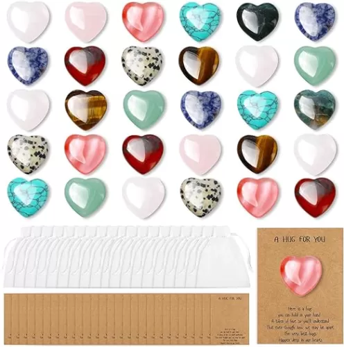 30Sets Mini Natural Heart Crystals and Healing Stones Bulk, 0.8" Small Polished Heart Shaped Rocks Gemstones with Hug Cards for Meditation Balancing Chakra Reiki Gifts Valentines Favors for Loved Ones