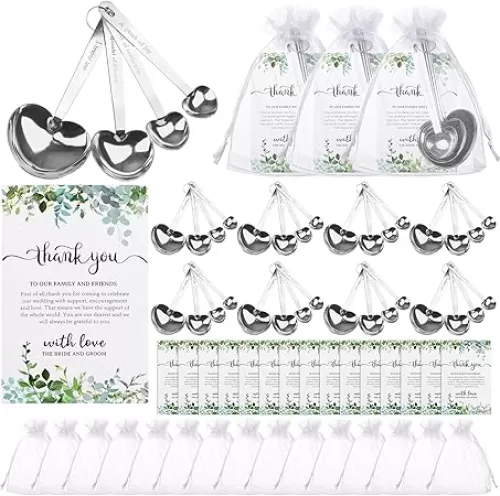 36 Set Heart Shaped Measuring Spoon Tea Spoons Wedding Baby Shower Favor for Guests Stainless Steel Measure Spoons with Organza Bag and Thank You Card for Wedding Birthday Bridal Shower Souvenir