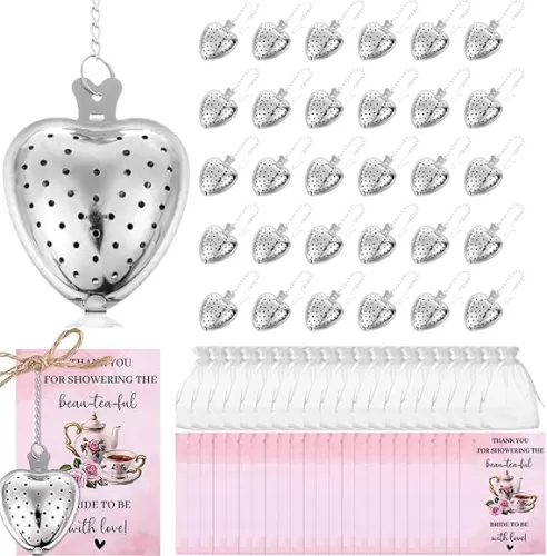 36Pcs Heart Shaped Tea Strainers for Loose Tea Filter Stainless Steel Tea Infusers with Thank You Card Organza Bag for Wedding Bridal Shower Tea Party Favors for Guests with Extended Chain Hook