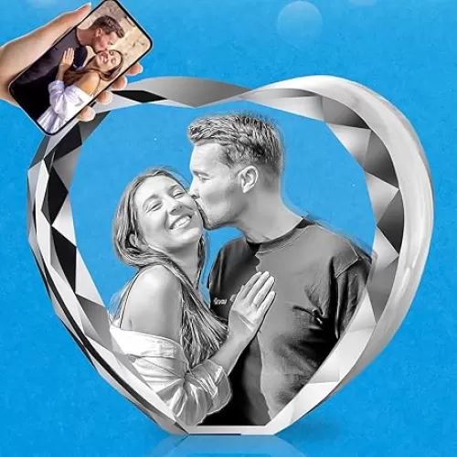 3D Crystal Photo Heart, Personalized Gift for Valentines Day, Anniversary, Birthday, Couples, Customized 3D Laser Etched Picture Glass(Small)