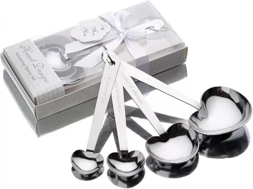 4 Pcs Measuring Spoon Sets Silver Heart Shape Measuring Cup Stainless Steel Kitchen Measurement Spoons Party Bridal Shower Gifts to Guests with Handmade Gift Boxes