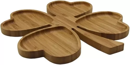 4571, Romantic Heart Shaped Platter Leave Design Wedding Bamboo Fruit Snack Serving Tray Appetizer Section Platter, 11"x9.5", 1 Pack