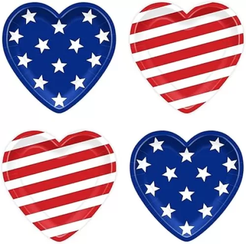 48Pcs American Flag Patriotic Paper Plates Heart Shaped Disposable Plates 4th of July Independence Day Decorative Tableware for Veterans Day Election Day Party Supplies