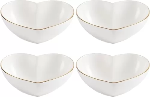 4pcs Ceramic Big Heart-shaped Bowls Gold Line White Deep Heart Plates Salad Bowl/Fruit Bowl for Desserts/Pasta/Dinner (6.5inch, White)