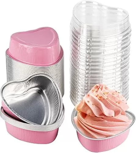 50 Pack Heart Shaped Cake Pans, Aluminum Foil Mini Disposable Heart Shape Cake Tin Set, 3.4oz/100ml Baking Cake Mold Cupcake Pans for Wedding Party Birthdays - Pink