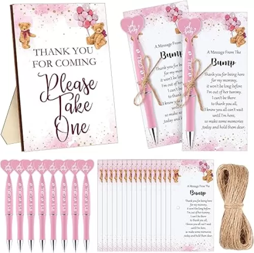 50 Set Baby Shower Favors for Guest 1 Thank You for Coming Sign 50 Heart Shaped Ballpoint Pens 50 Thank You Cards with Twine Baby Shower Gender Reveal Party Return Gifts(Pink, Girl)