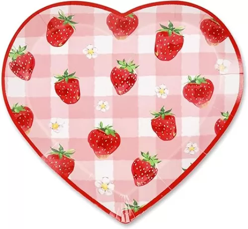 50Pcs Strawberry Paper Plates Heart Shaped Pink Plaid Disposable Plates 9 Inch Love Floral Dessert Plate for Wedding Bridal Shower Birthday