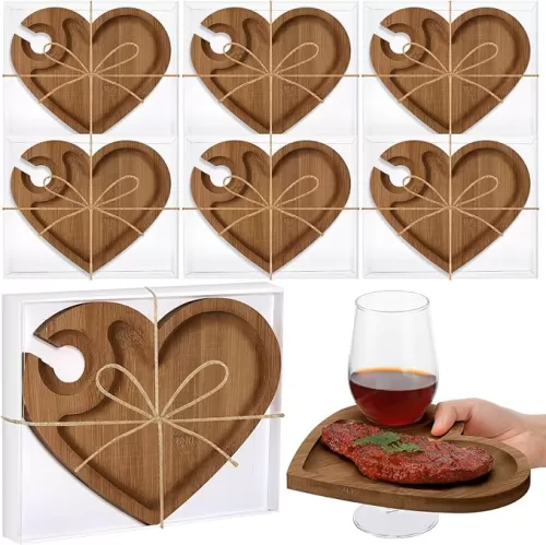 6 Set Wine Appetizer Plates Mini Charcuterie Boards with Glass Holder and Box Gifts for Bridal Shower Game Prizes Wooden Cocktail Cheese Plate for Guests Baby Shower(Heart, Dark Color)