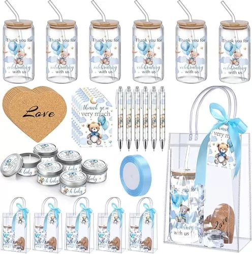 6 Sets Baby Shower Prizes for Game Player Baby Shower Winners Guest Gifts Candle Cup Heart Coaster Insulated Pen Gift Bag Wedding Bridal Game Prizes (Bear Style, Blue)