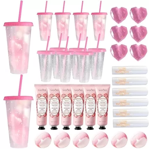 6 Sets Baby Shower Prizes for Game Winners Baby Shower Gifts Confetti Color Changing Cups with Lids And Straws Hand Creams Lip Balms Bath Bombs Heart Shaped Soaps Bridal Shower Favors (Pink)