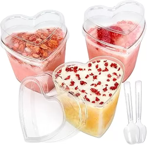60 Pack Dessert Cups with Lids and Spoons, 5 oz Heart-Shaped Clear Plastic Appetizer Parfait cups for Mother