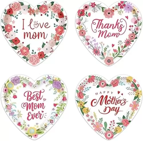 60 PCS Happy Mothers Day Paper Plates 9in Pink Rose Mothers Day Plates Heart Shaped Disposable Dinnerware for Best Mom Ever Mothers Day Party Decoration Supplies