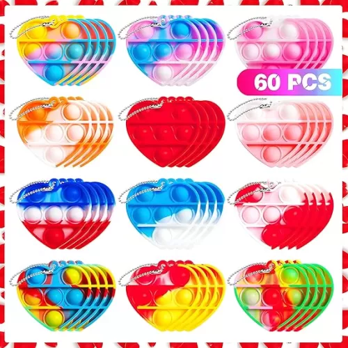 60 PCS Heart-Shaped Pop its Set Fidget Toys Push Bubble Sensory Toy it Fingertip Keychain Decompression Valentines Day Gifts for Kids Toys.Holiday Everyone