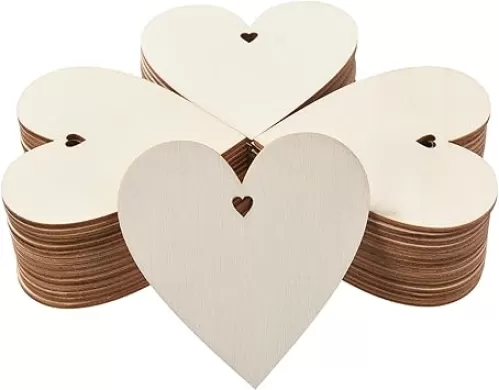 60pcs Unfinished Wood Heart-Shaped Cutouts with Sling Hole, Wooden Blank Paint Crafts for Kids Painting DIY Craft Project Home Decor Ornament Supplies