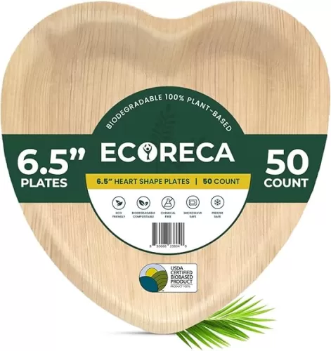 6.5-Inch heart shaped Palm Leaf Plates (50-Pack) Disposable for Appetizers Bamboo-Style Eco-Friendly Biodegradable Plates for Parties, Weddings & Catering | Camping Essentials.