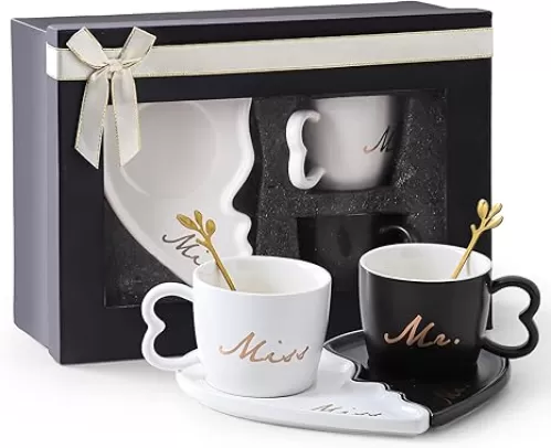 6Oz Mr and Mrs mug Heart Shaped Ceramic Mugs with Saucer & Golden Spoon. Perfect for Engagement, Wedding.Couple Mugs Graduation gifts father