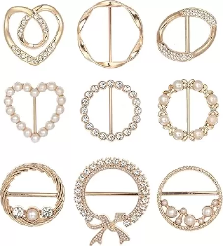 9Pcs Scarf Clips T-shirt Tie Ring Buckle Heart Circle Shaped CZ Pearl Bow Tie Rhinestone Twist Knotted Clothes Corner Button Waist Cincher Clasp for Women Men