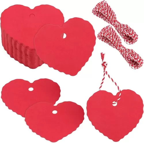 Anwyll Valentines Gift Tags, 100Pcs Heart Shaped Gift Tags with String, Red Heart Hanging Paper Tags, Happy Valentines Galentines Heart Gift Tag for Present Baby Shower Birthday Party Wedding Favors