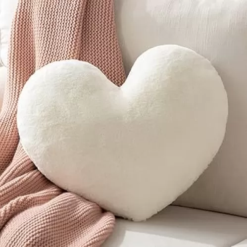 Ashler Off-White Plush Heart Pillow - Faux Fur Rabbit 3D Kids' Room Decor, Soft Decorative Cushion for Sofas, Bedrooms & Living Spaces 15 X 17 Inch
