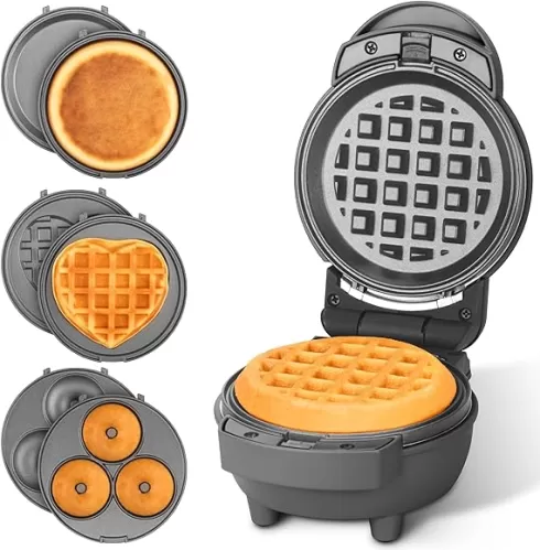 Baker's Friend 4 in 1 Mini Waffle Maker with Removable Plates, Set Includes Mini Pancake, Donut, Heart Shape Waffle Makers, Compact Size, Recipe Included, Blue