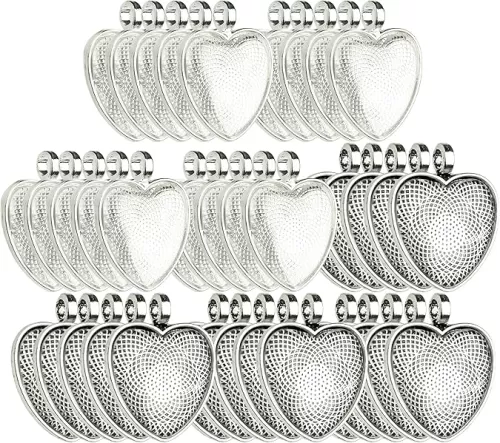 Bastex Heart Shaped Pendants for Jewelry Making. 80 pieces of DIY Pendant Tray Necklace Charms, Includes Metal Bezels and Cabochons - 1 inch, Silver and Black