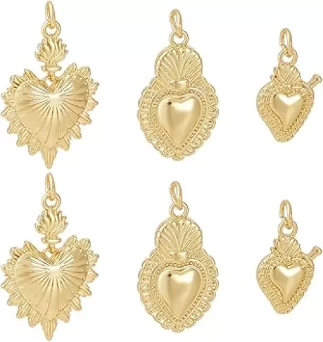 Beebeecraft 1 Box 6pcs 3 Styles 18K Gold Plated Cubic Zirconia Sacred Heart Charms Love Shape Pendants Charm with Jump Rings for Jewelry Necklace Bracelet Making
