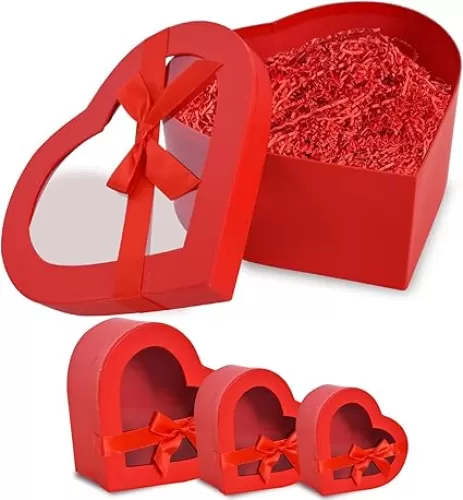 BEISHIDA Set of 3 Mother's Day Heart Shaped Box for Flowers, Chocolate and Strawberries, Mom Gift Box with Clear Lids for Presnet Flowers -Red